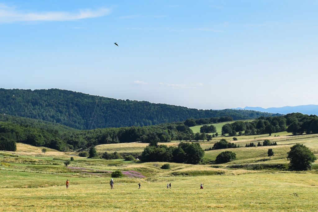 Paysage vallonné et ensoleillé de l'Ardèche du Sud sous un ciel bleu
