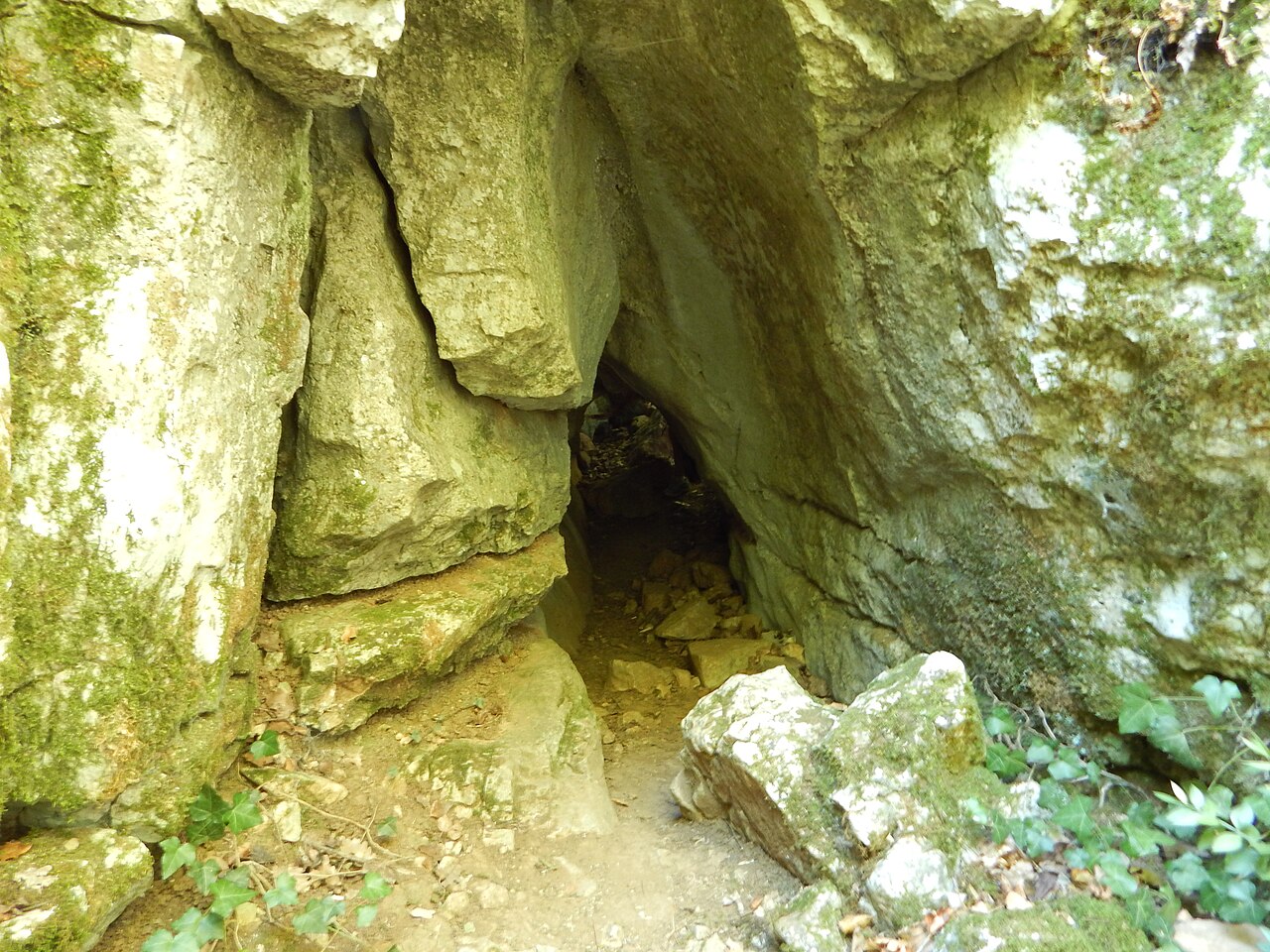Sentier à travers une galerie rocheuse dans le Bois de Païolive près des Vans
